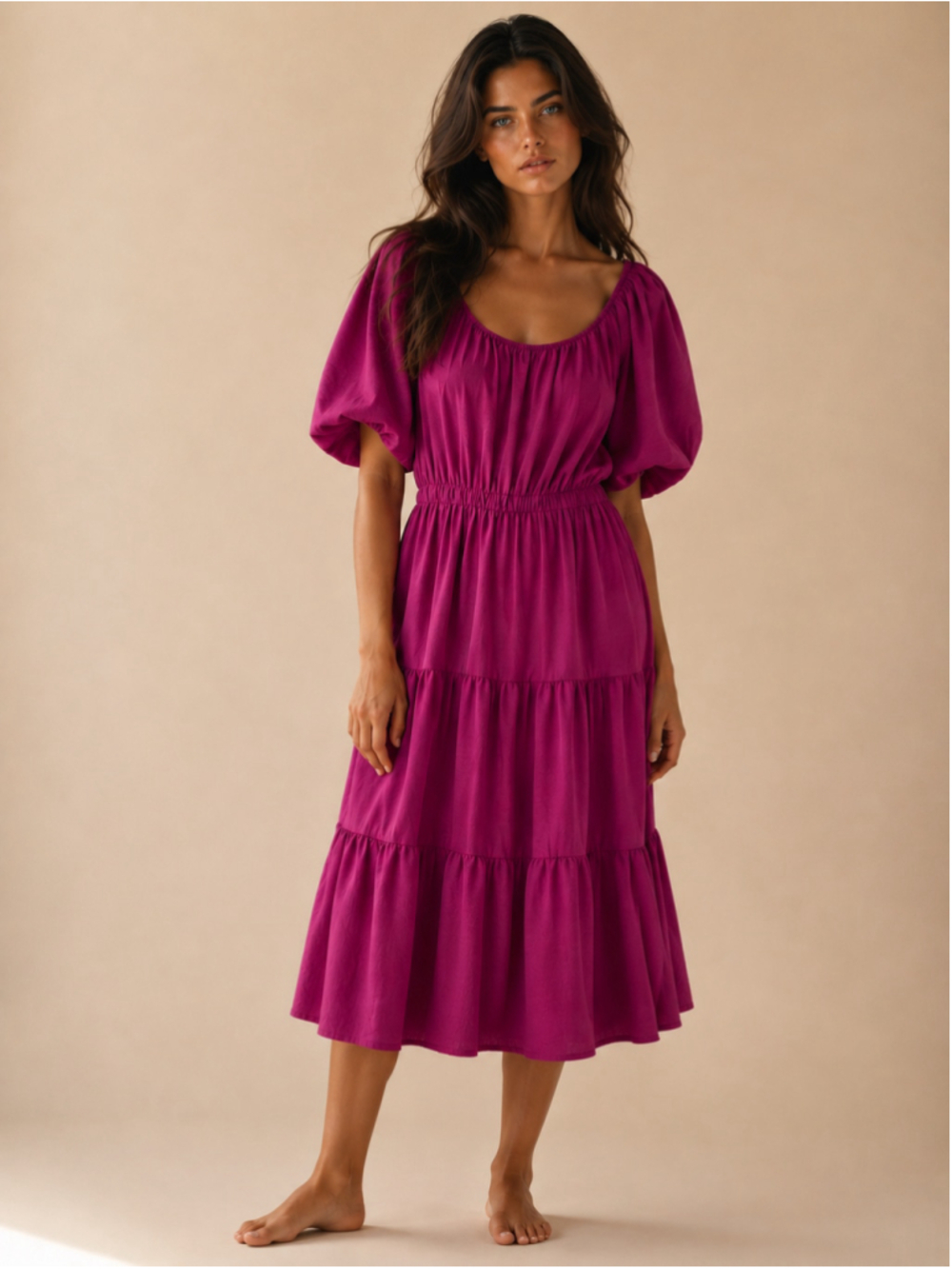 See You Monday Puff Sleeve Tiered Midi Dress Magenta Cottagecore Romantic M Boho